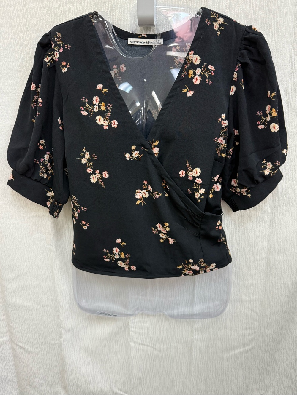 Abercrombie & Fitch Black Floral Puff-Sleeve Wrap Top